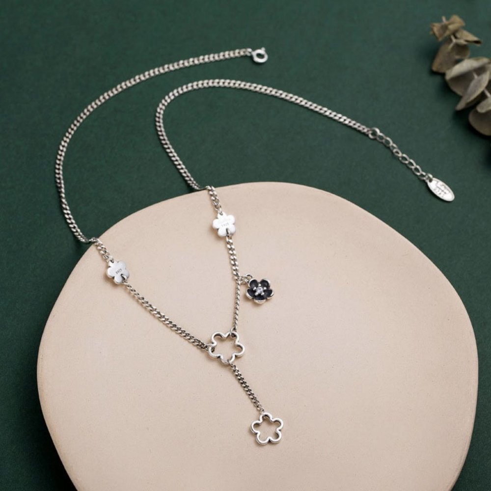#NEW 925 Sterling Silver Flower Drop Link Chain Necklace - Picture 3 of 4